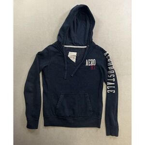 Vintage Aeropostale Hoodie Women's Medium Blue 1987 V-Neck Long Sleeve Pullover